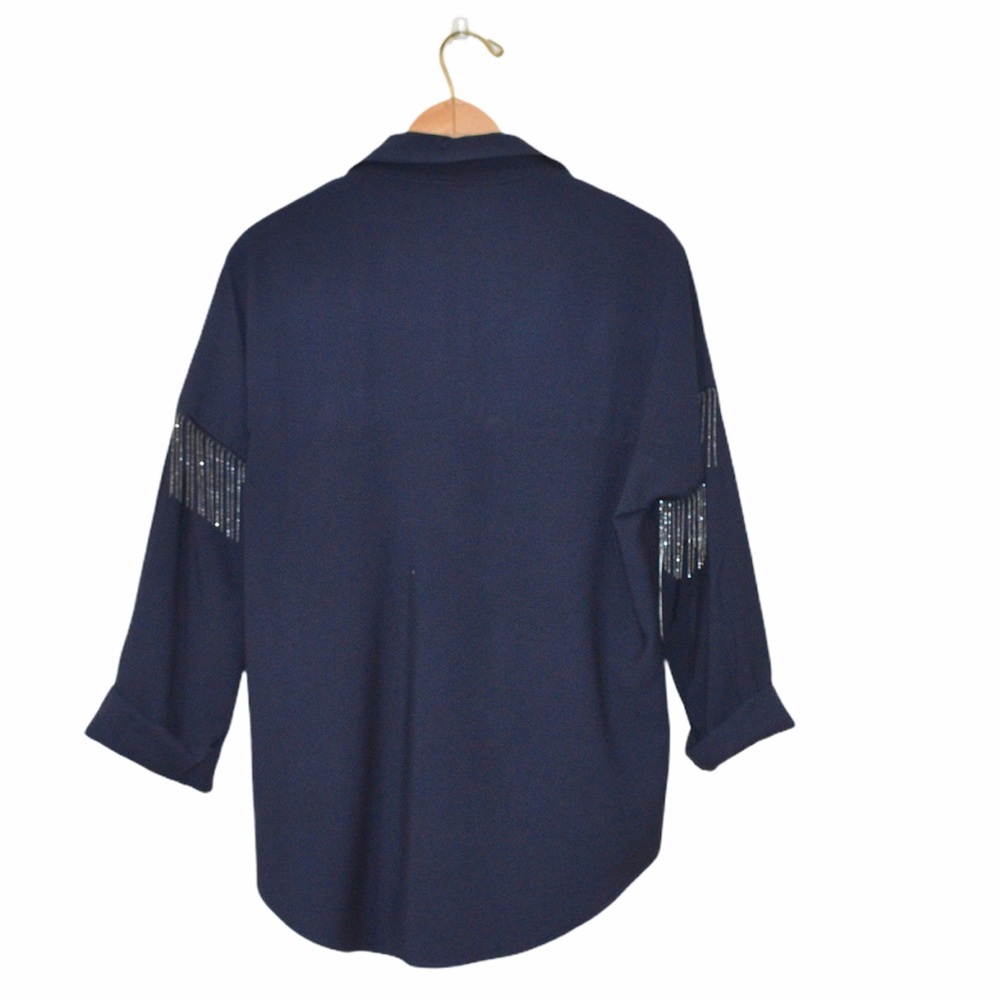 Zara Basics Button Down Top Chain Fringe Navy Smll - image 2